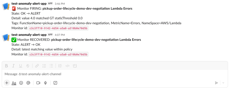 Slack channel showing a monitor FIRING alert for Lambda Errors with OK to ALERT state change, followed by a RECOVERED message with ALERT to OK for the same monitor