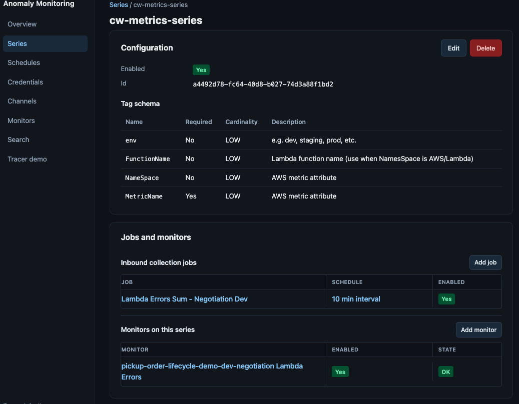 Operator console series detail for cw-metrics-series showing enabled state, tag schema with required and cardinality columns, an inbound collection job on a ten minute interval, and a monitor in OK state